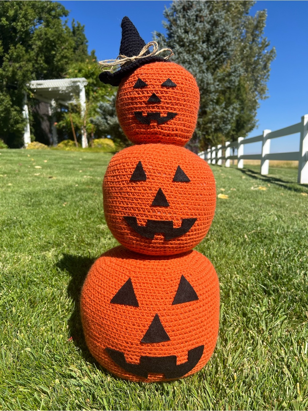 Hand Crocheted Jumbo Jack-o-Lantern Halloween Pumpkin Stack Decoration!